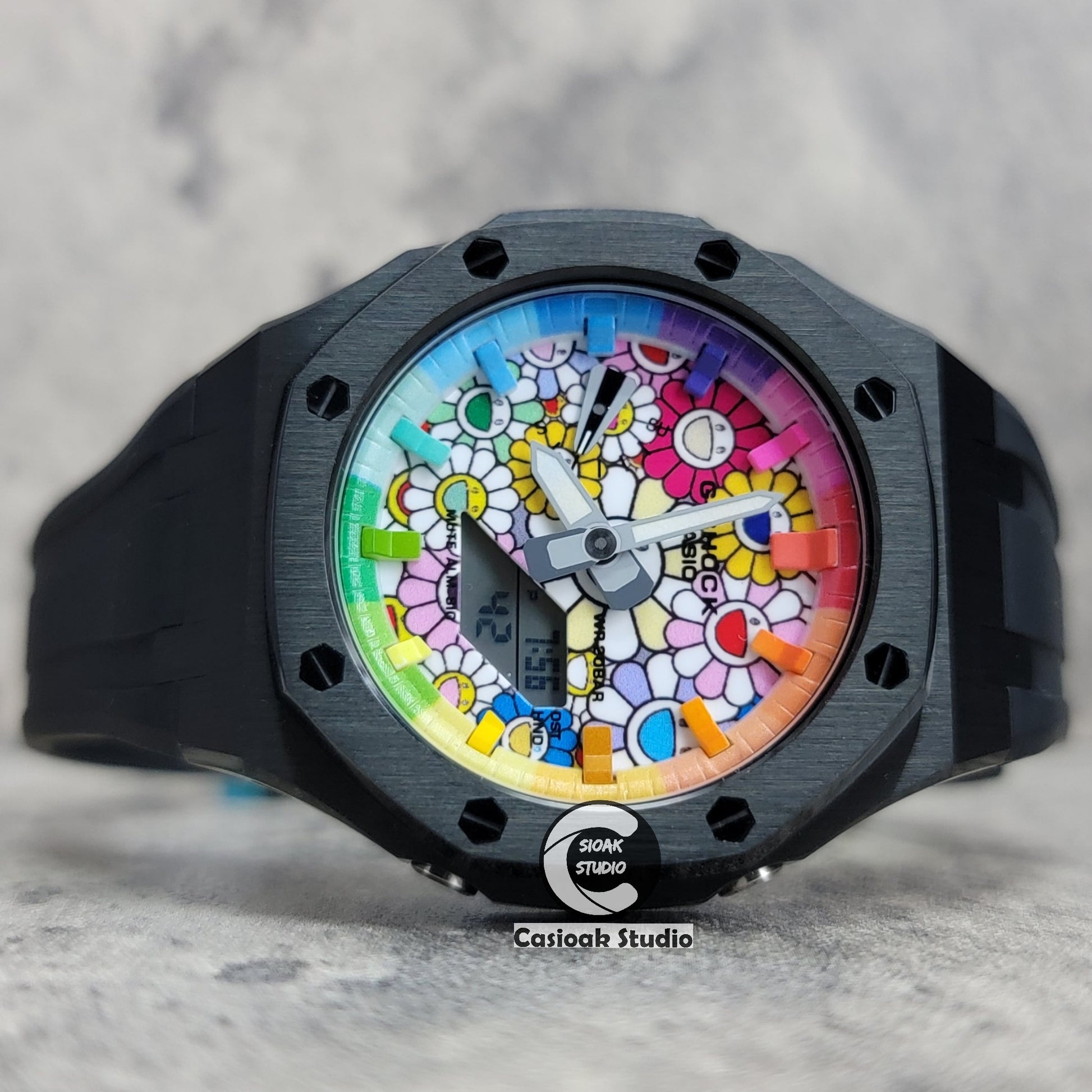 Casioak Mod Watch Black Case Black Rubber Strap Rainbow Time Mark TAKASHI MURAKAM Dial 44mm - Casioak Studio