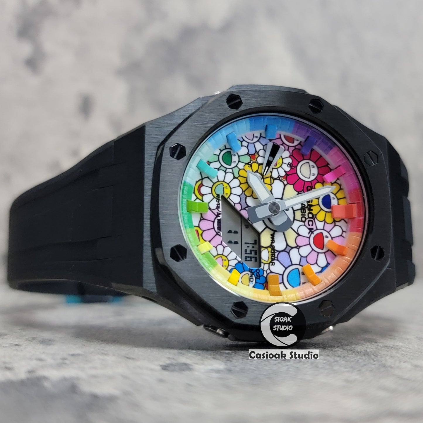 Casioak Mod Watch Black Case Black Rubber Strap Rainbow Time Mark TAKASHI MURAKAM Dial 44mm - Casioak Studio