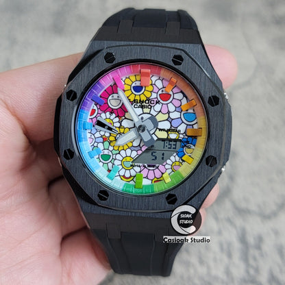 Casioak Mod Watch Black Case Black Rubber Strap Rainbow Time Mark TAKASHI MURAKAM Dial 44mm - Casioak Studio