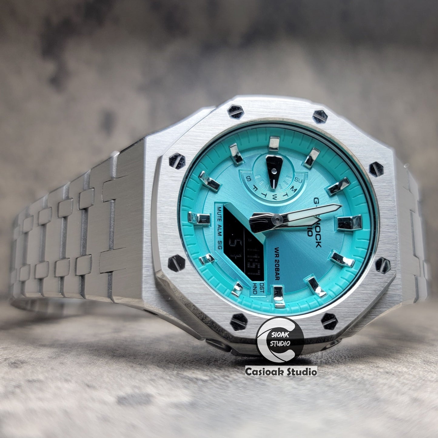 Casioak Mod Watch Silver Case Metal Strap Tiffany Silver Time Mark Tiffany Blue Dial 44mm - Casioak Studio