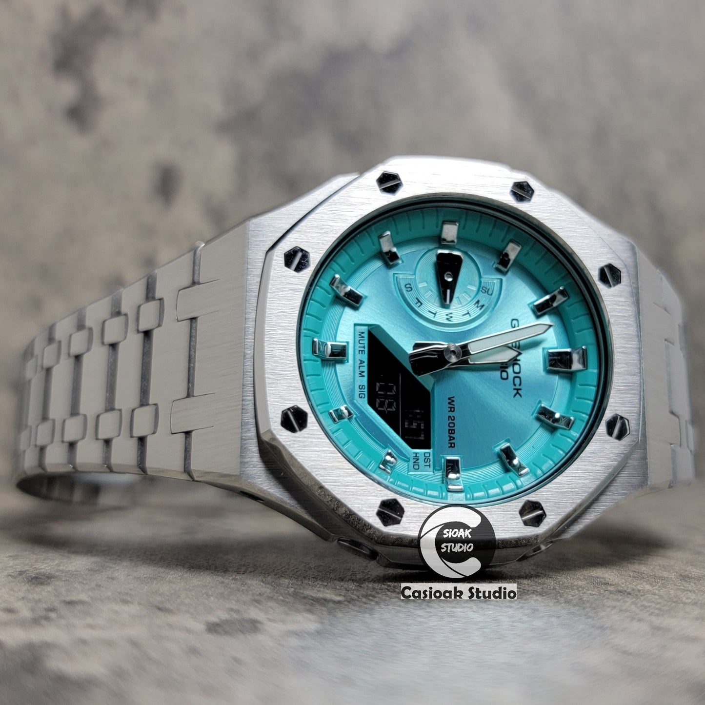 Casioak Mod Watch Silver Case Metal Strap Tiffany Silver Time Mark Tiffany Blue Dial 44mm - Casioak Studio