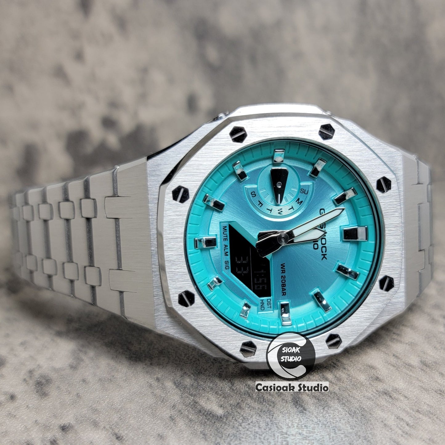 Casioak Mod Watch Silver Case Metal Strap Tiffany Silver Time Mark Tiffany Blue Dial 44mm - Casioak Studio