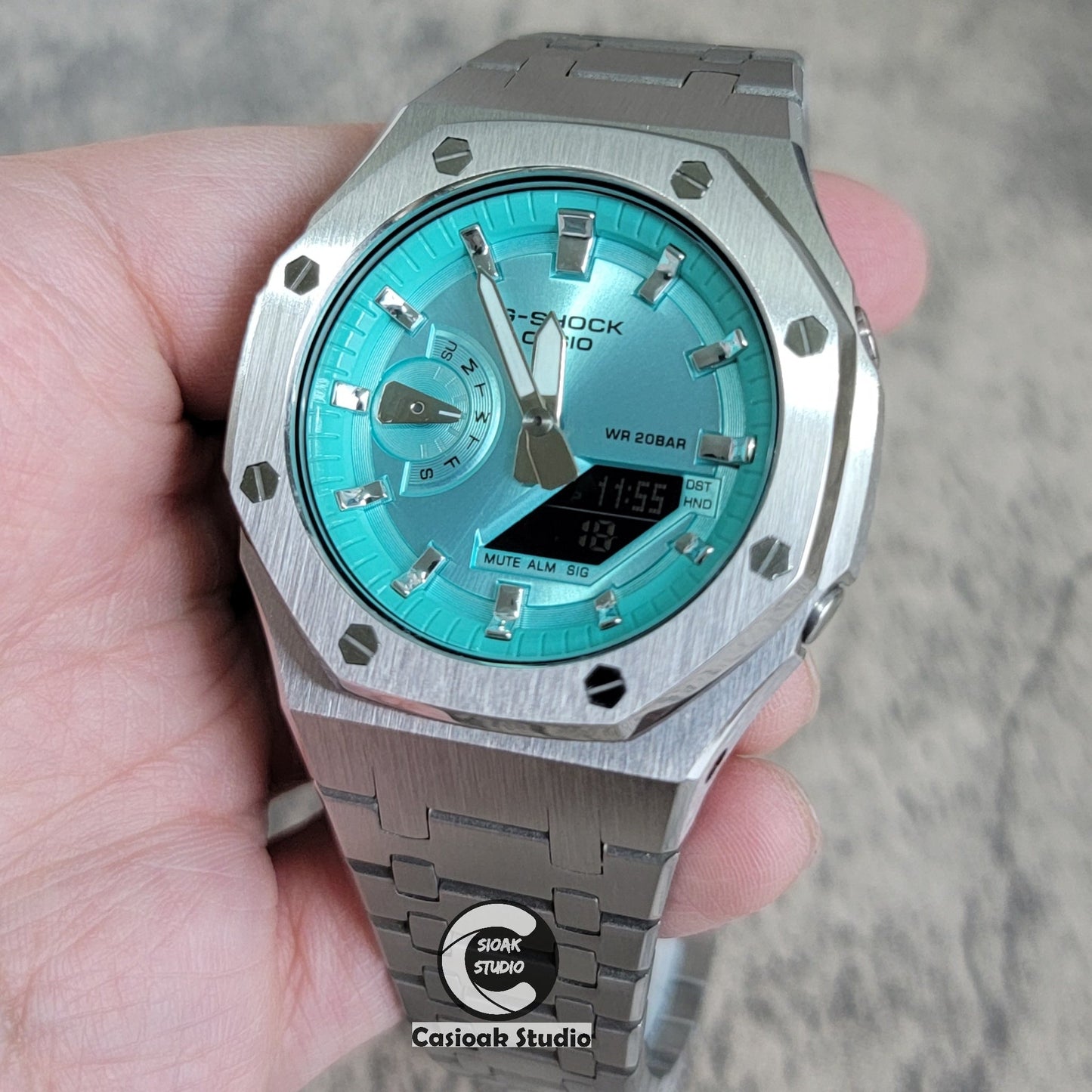 Casioak Mod Watch Silver Case Metal Strap Tiffany Silver Time Mark Tiffany Blue Dial 44mm - Casioak Studio