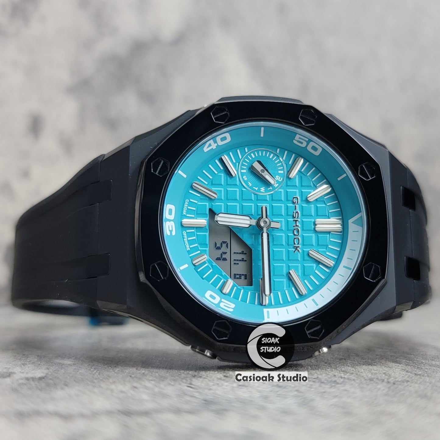 Casioak Mod Watch NEW Polished Black Case Black Strap Silver Time Mark Tiffany Blue Dial 44mm Sapphire Glass - Casioak Studio