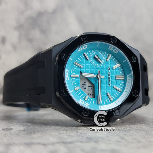 Casioak Mod Watch NEW Polished Black Case Black Strap Silver Time Mark Tiffany Blue Dial 44mm Sapphire Glass