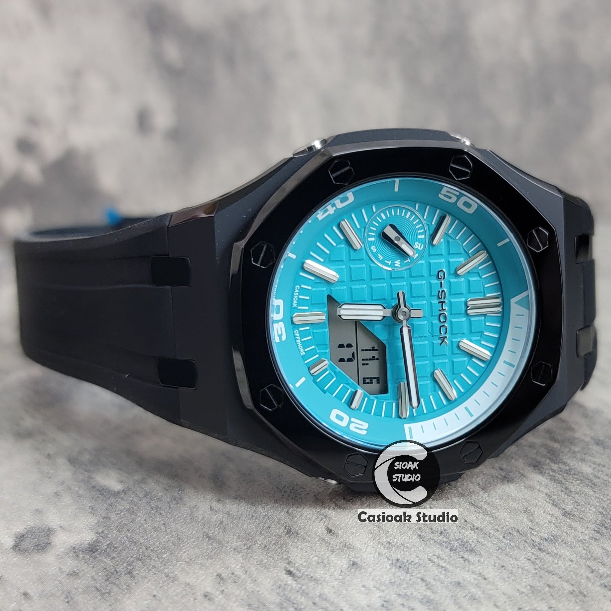Casioak Mod Watch NEW Polished Black Case Black Strap Silver Time Mark Tiffany Blue Dial 44mm Sapphire Glass - Casioak Studio