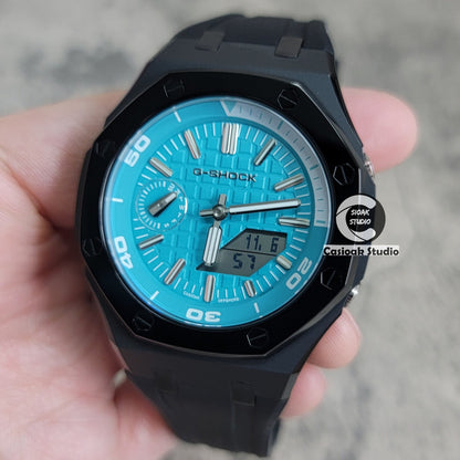 Casioak Mod Watch NEW Polished Black Case Black Strap Silver Time Mark Tiffany Blue Dial 44mm Sapphire Glass - Casioak Studio