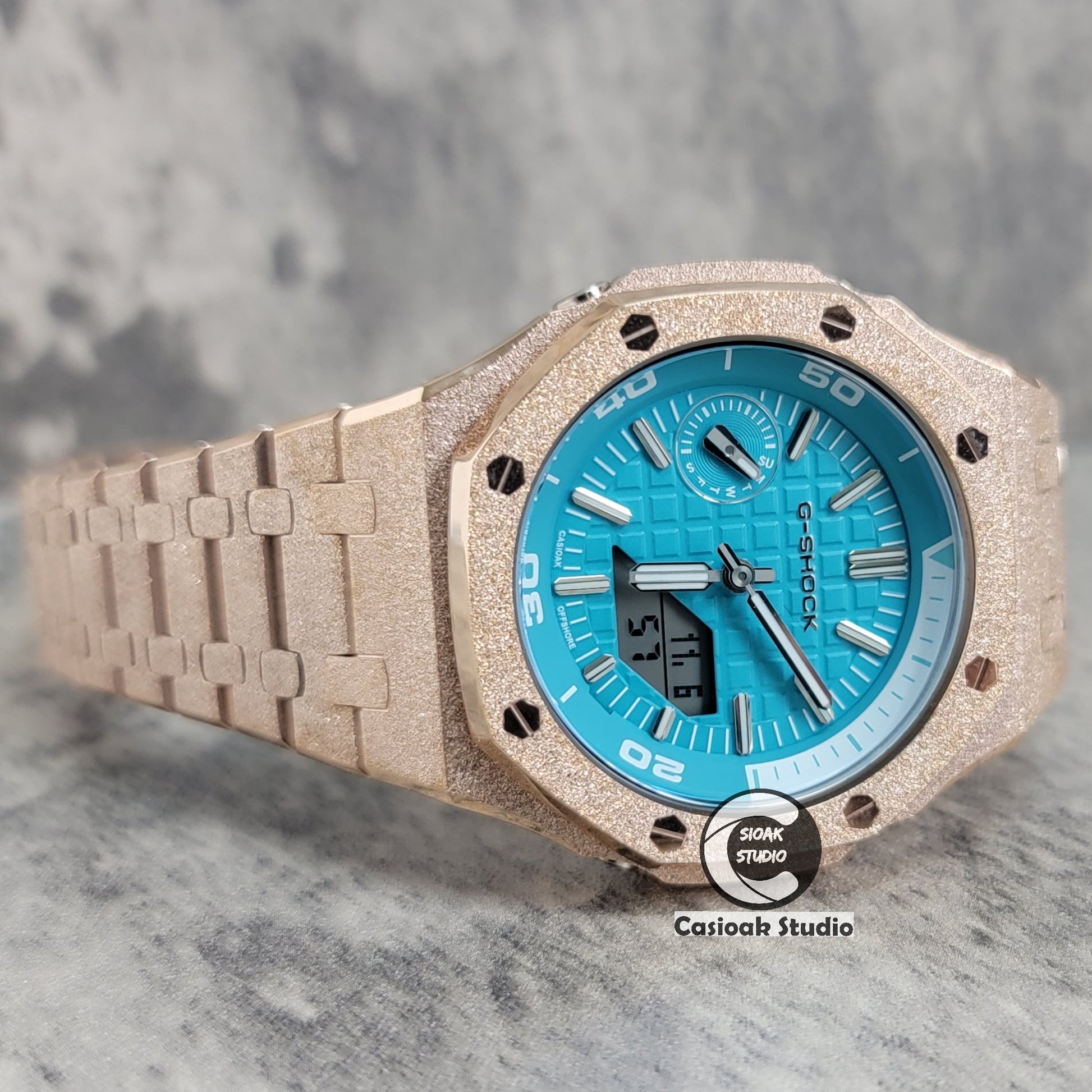 Casioak Mod Watch NEW Frosted Rose Gold Case Metal Strap Tiffany Silver Time Mark Tiffany Blue Dial 44mm Sapphire Glass - Casioak Studio