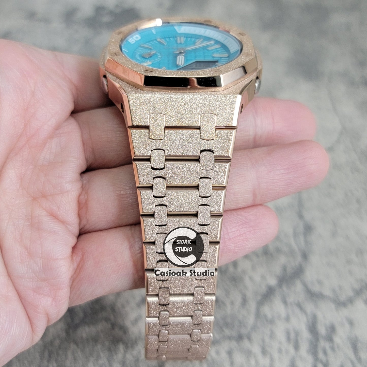 Casioak Mod Watch NEW Frosted Rose Gold Case Metal Strap Tiffany Silver Time Mark Tiffany Blue Dial 44mm Sapphire Glass - Casioak Studio