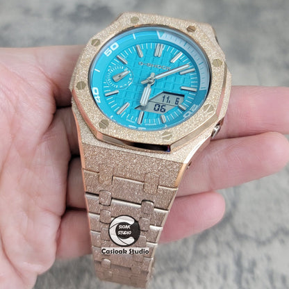 Casioak Mod Watch NEW Frosted Rose Gold Case Metal Strap Tiffany Silver Time Mark Tiffany Blue Dial 44mm Sapphire Glass - Casioak Studio