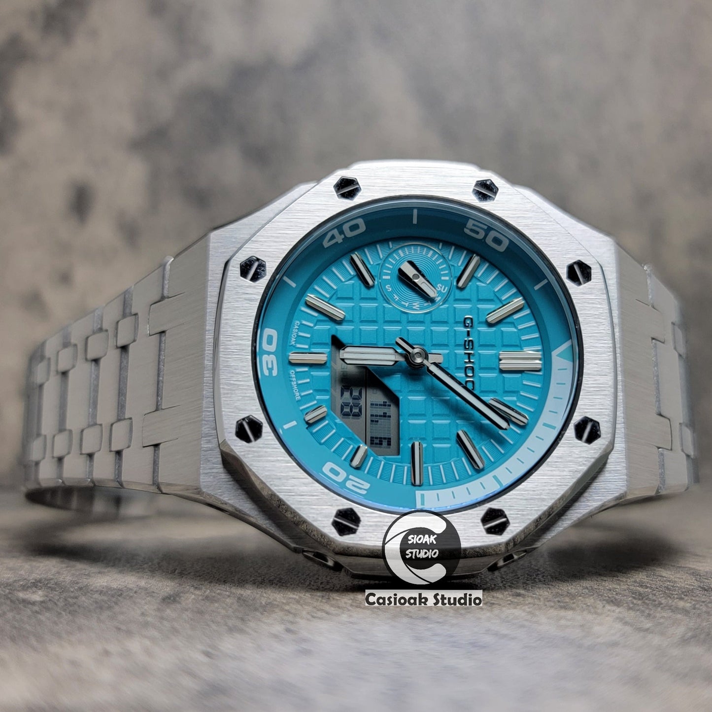 Casioak Mod Watch NEW Silver Case Metal Strap Tiffany Silver Time Mark Tiffany Blue Dial 44mm Sapphire Glass - Casioak Studio