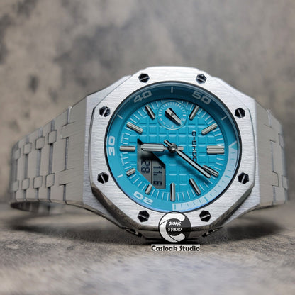 Casioak Mod Watch NEW Silver Case Metal Strap Tiffany Silver Time Mark Tiffany Blue Dial 44mm Sapphire Glass - Casioak Studio