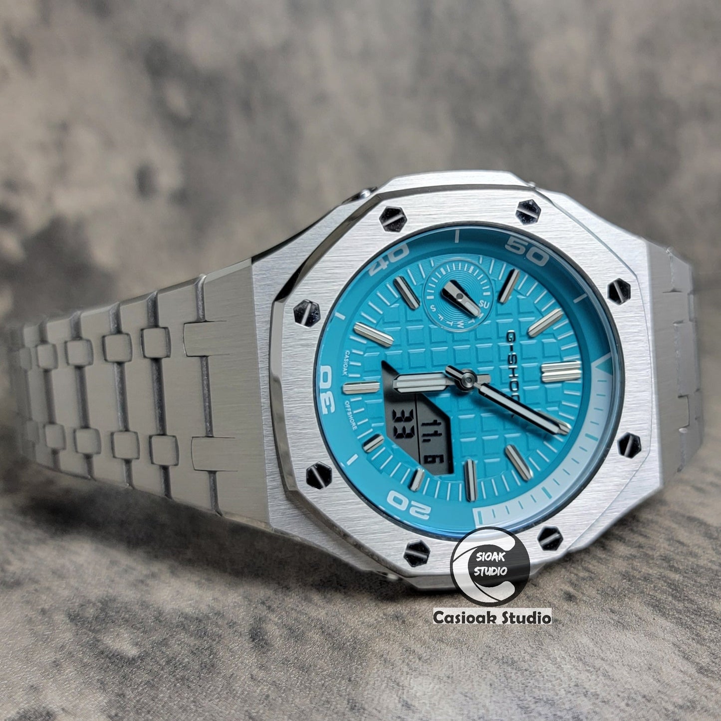 Casioak Mod Watch NEW Silver Case Metal Strap Tiffany Silver Time Mark Tiffany Blue Dial 44mm Sapphire Glass - Casioak Studio