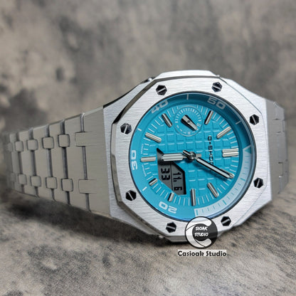 Casioak Mod Watch NEW Silver Case Metal Strap Tiffany Silver Time Mark Tiffany Blue Dial 44mm Sapphire Glass - Casioak Studio