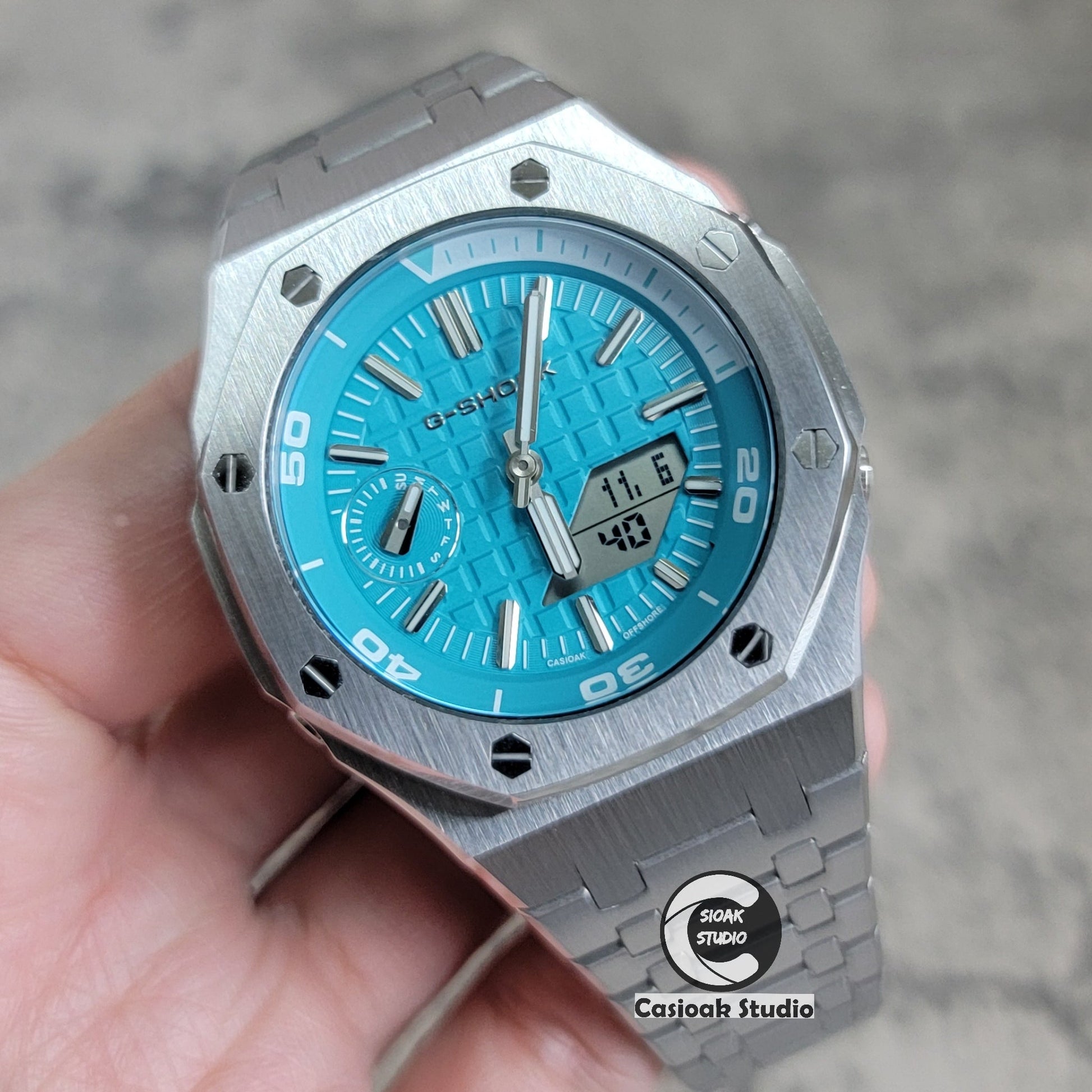 Casioak Mod Watch NEW Silver Case Metal Strap Tiffany Silver Time Mark Tiffany Blue Dial 44mm Sapphire Glass - Casioak Studio