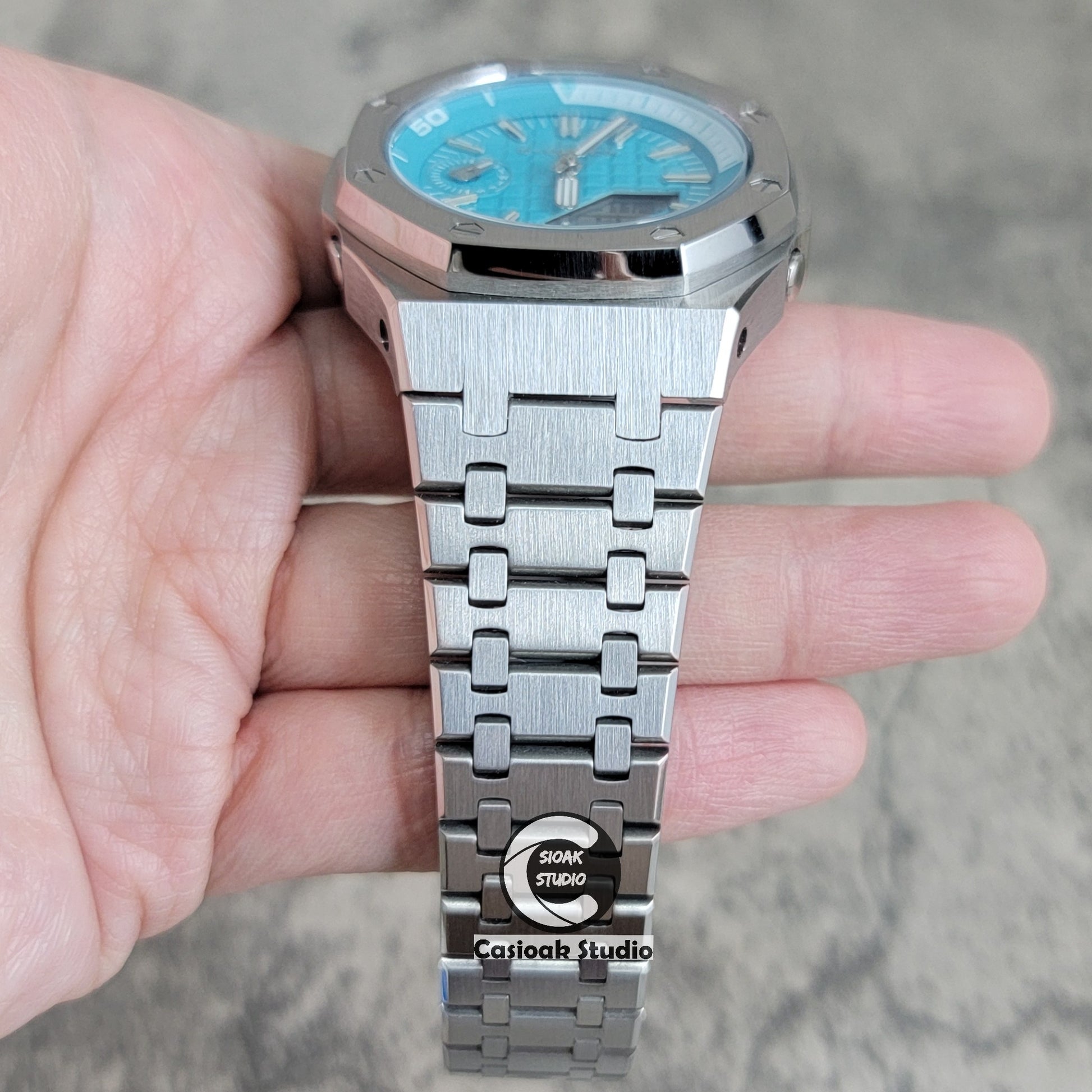 Casioak Mod Watch NEW Silver Case Metal Strap Tiffany Silver Time Mark Tiffany Blue Dial 44mm Sapphire Glass - Casioak Studio