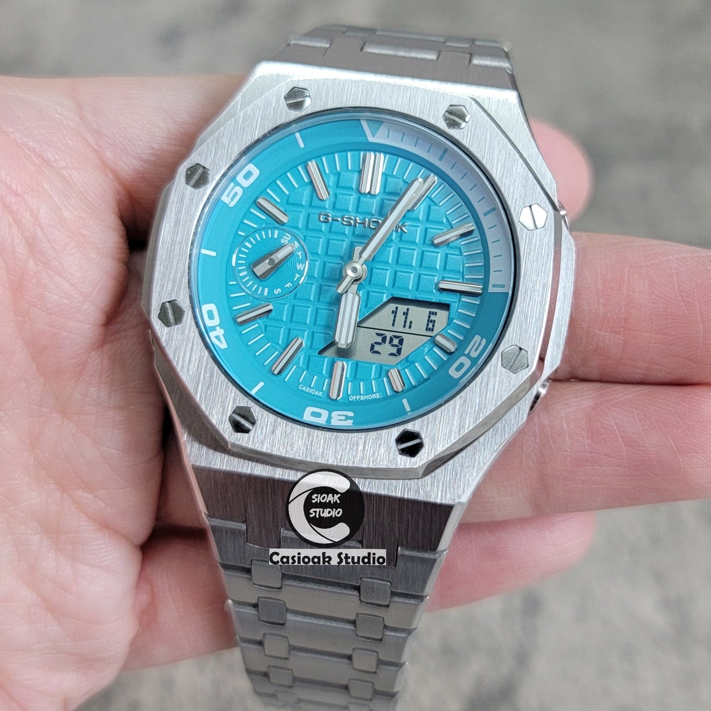 Casioak Mod Watch NEW Silver Case Metal Strap Tiffany Silver Time Mark Tiffany Blue Dial 44mm Sapphire Glass - Casioak Studio