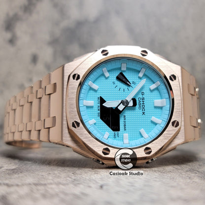 Casioak Mod Watch Offshore Superior Rose Gold Case Metal Strap Tiffany White Time Mark Tiffany Blue Dial 44mm - Casioak Studio