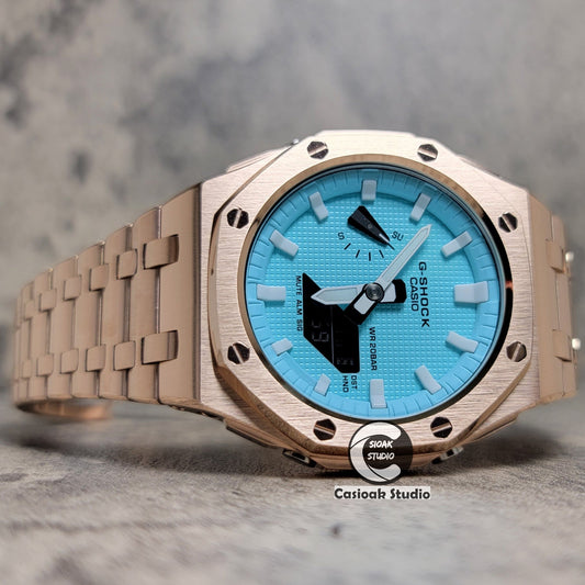 Casioak Mod Watch Offshore Superior Rose Gold Case Metal Strap Tiffany White Time Mark Tiffany Blue Dial 44mm - Casioak Studio