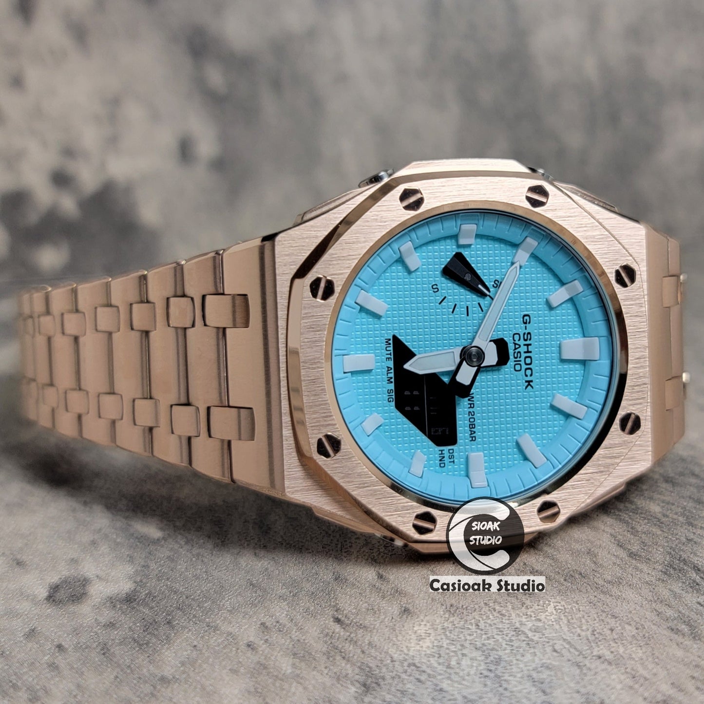 Casioak Mod Watch Offshore Superior Rose Gold Case Metal Strap Tiffany White Time Mark Tiffany Blue Dial 44mm - Casioak Studio