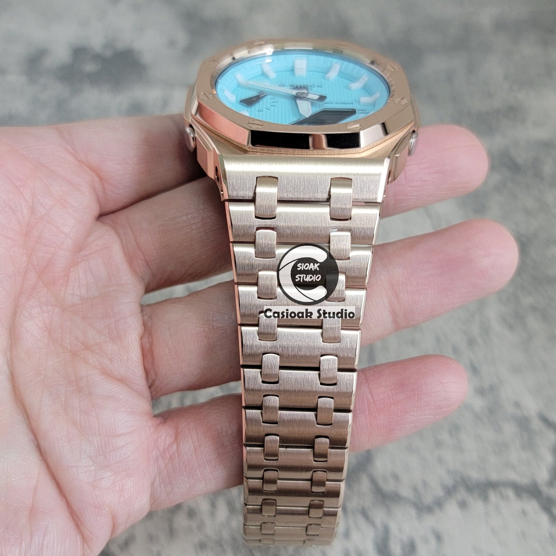 Casioak Mod Watch Offshore Superior Rose Gold Case Metal Strap Tiffany White Time Mark Tiffany Blue Dial 44mm - Casioak Studio