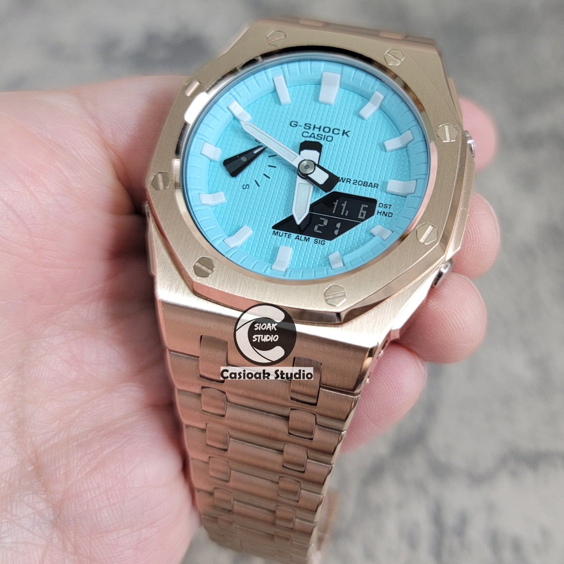 Casioak Mod Watch Offshore Superior Rose Gold Case Metal Strap Tiffany White Time Mark Tiffany Blue Dial 44mm - Casioak Studio