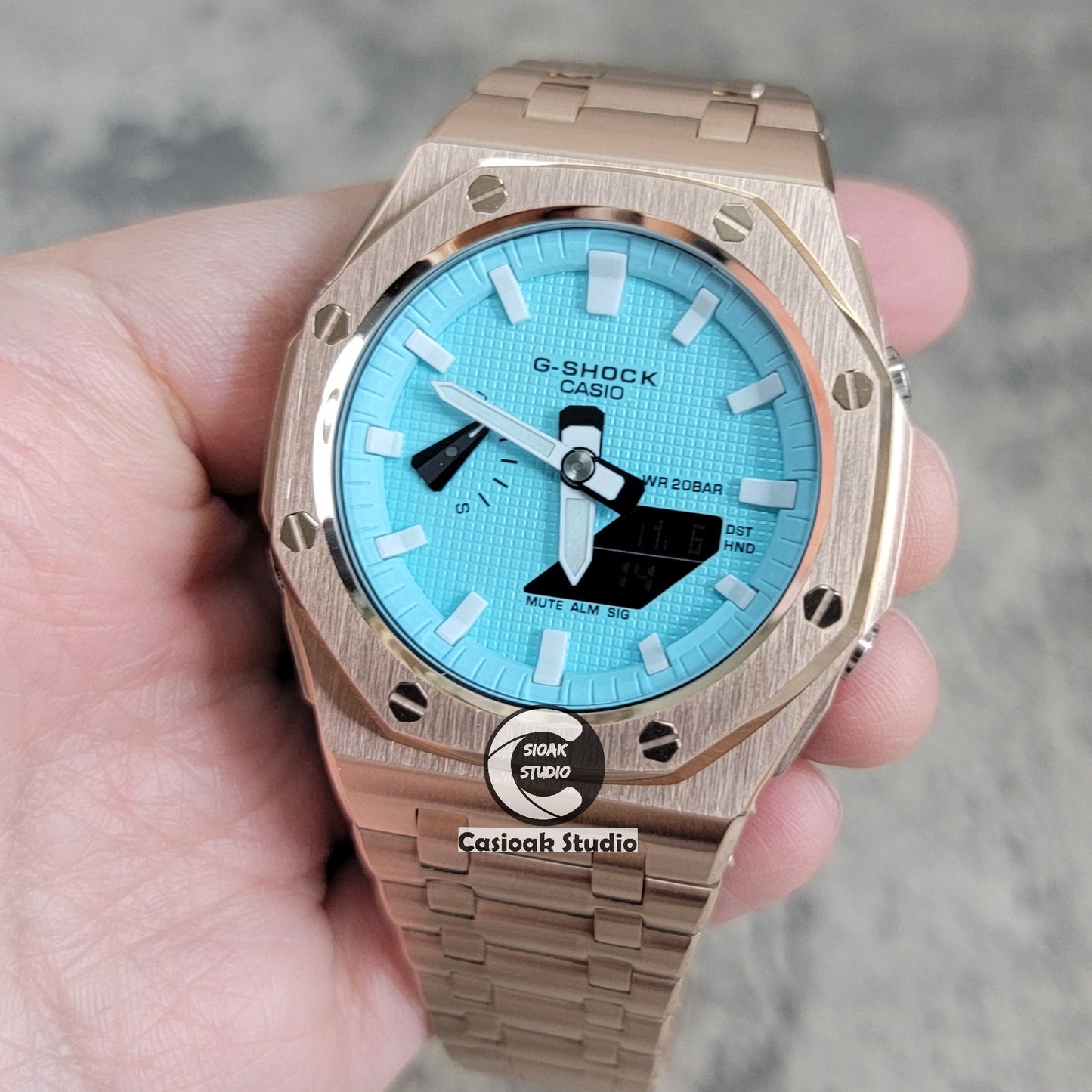 Casioak Mod Watch Offshore Superior Rose Gold Case Metal Strap Tiffany White Time Mark Tiffany Blue Dial 44mm - Casioak Studio