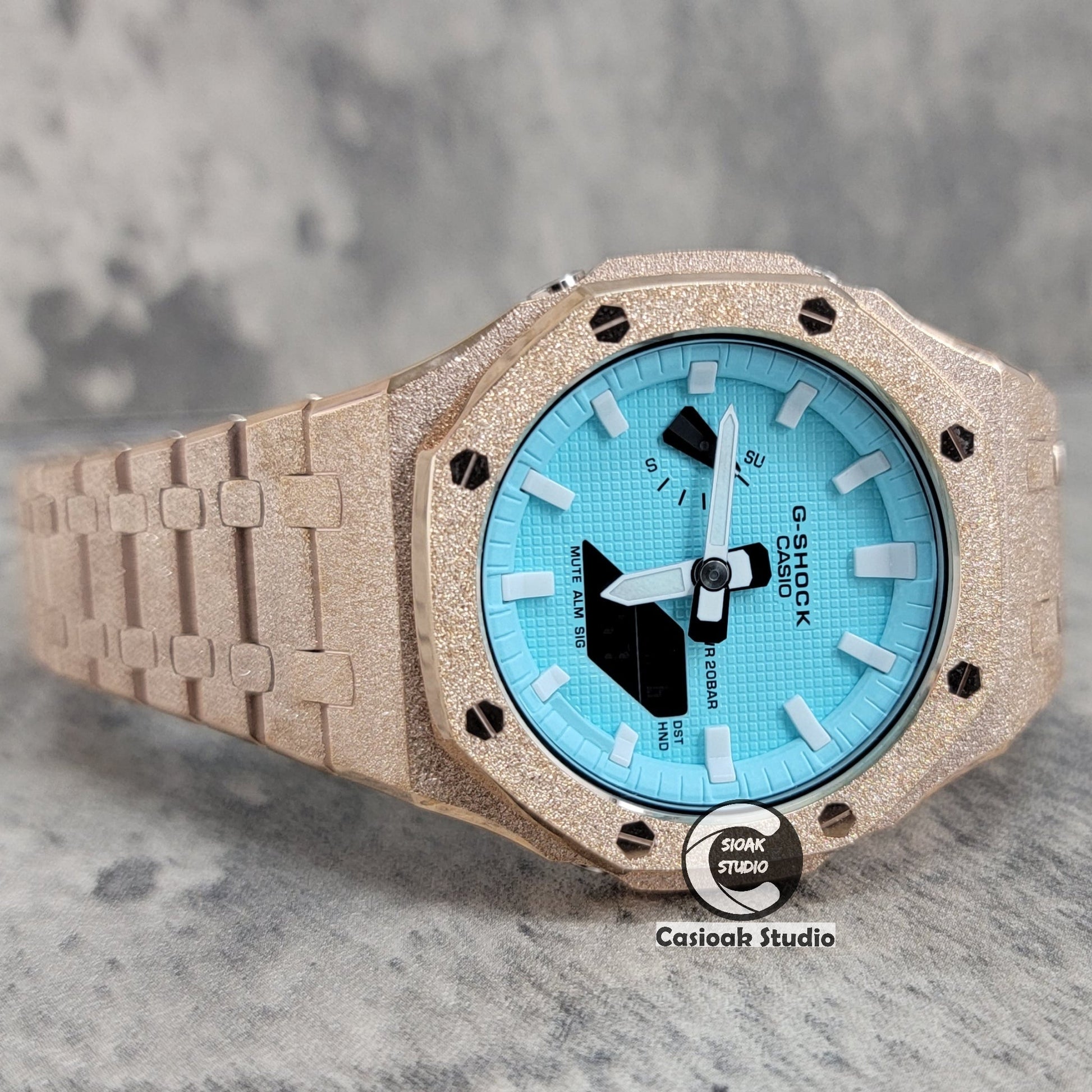 Casioak Mod Watch Frosted Rose Gold Case Metal Strap Tiffany White Time Mark Tiffany Blue Dial 44mm - Casioak Studio