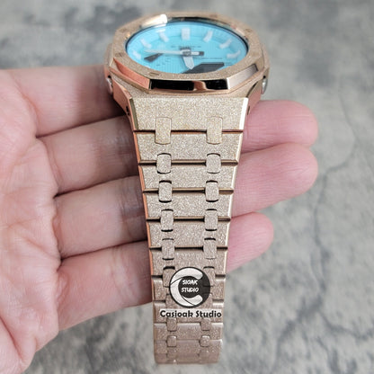 Casioak Mod Watch Frosted Rose Gold Case Metal Strap Tiffany White Time Mark Tiffany Blue Dial 44mm - Casioak Studio