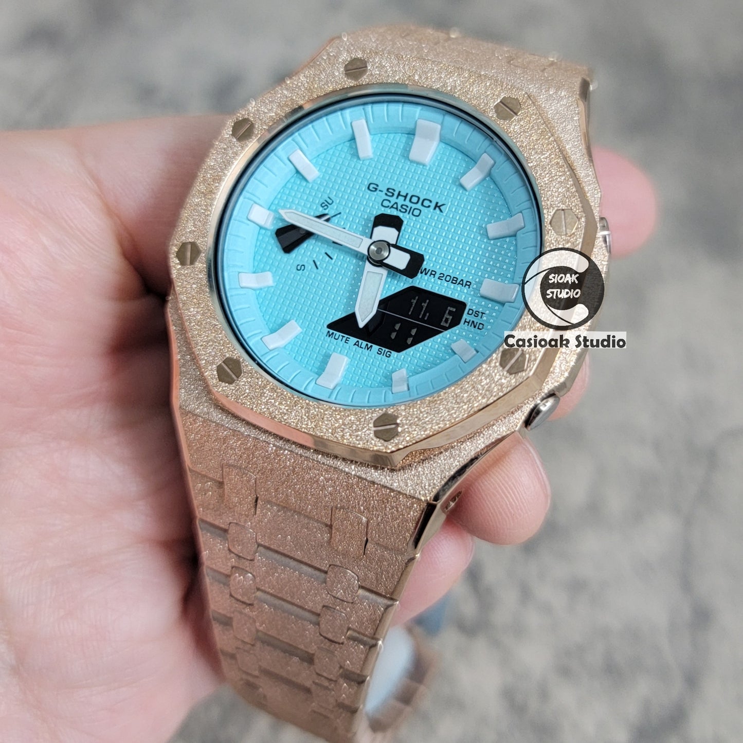 Casioak Mod Watch Frosted Rose Gold Case Metal Strap Tiffany White Time Mark Tiffany Blue Dial 44mm - Casioak Studio