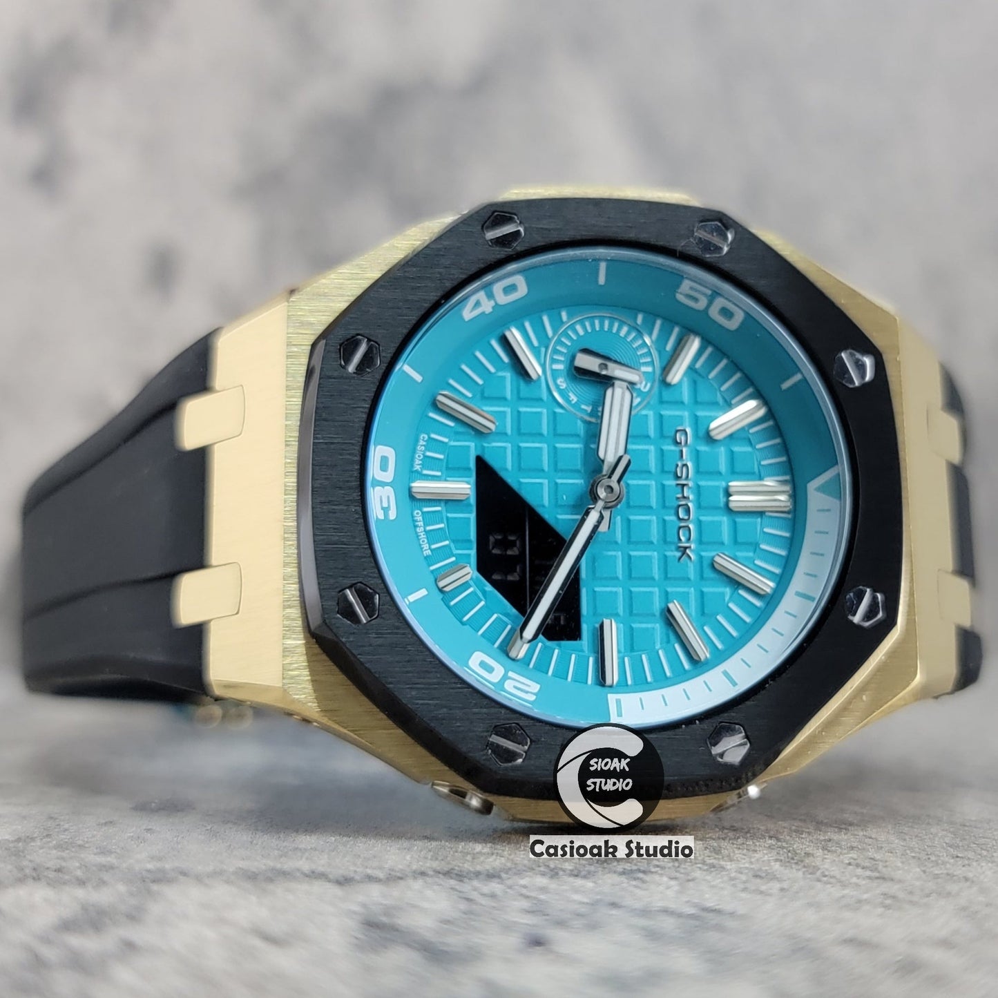 Casioak Mod Watch New Gold Black Case Black Rubber Strap Silver Time Mark Tiffany Blue Dial 44mm Sapphire Glass - Casioak Studio