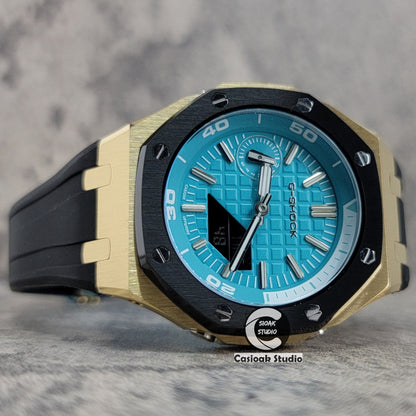 Casioak Mod Watch New Gold Black Case Black Rubber Strap Silver Time Mark Tiffany Blue Dial 44mm Sapphire Glass - Casioak Studio