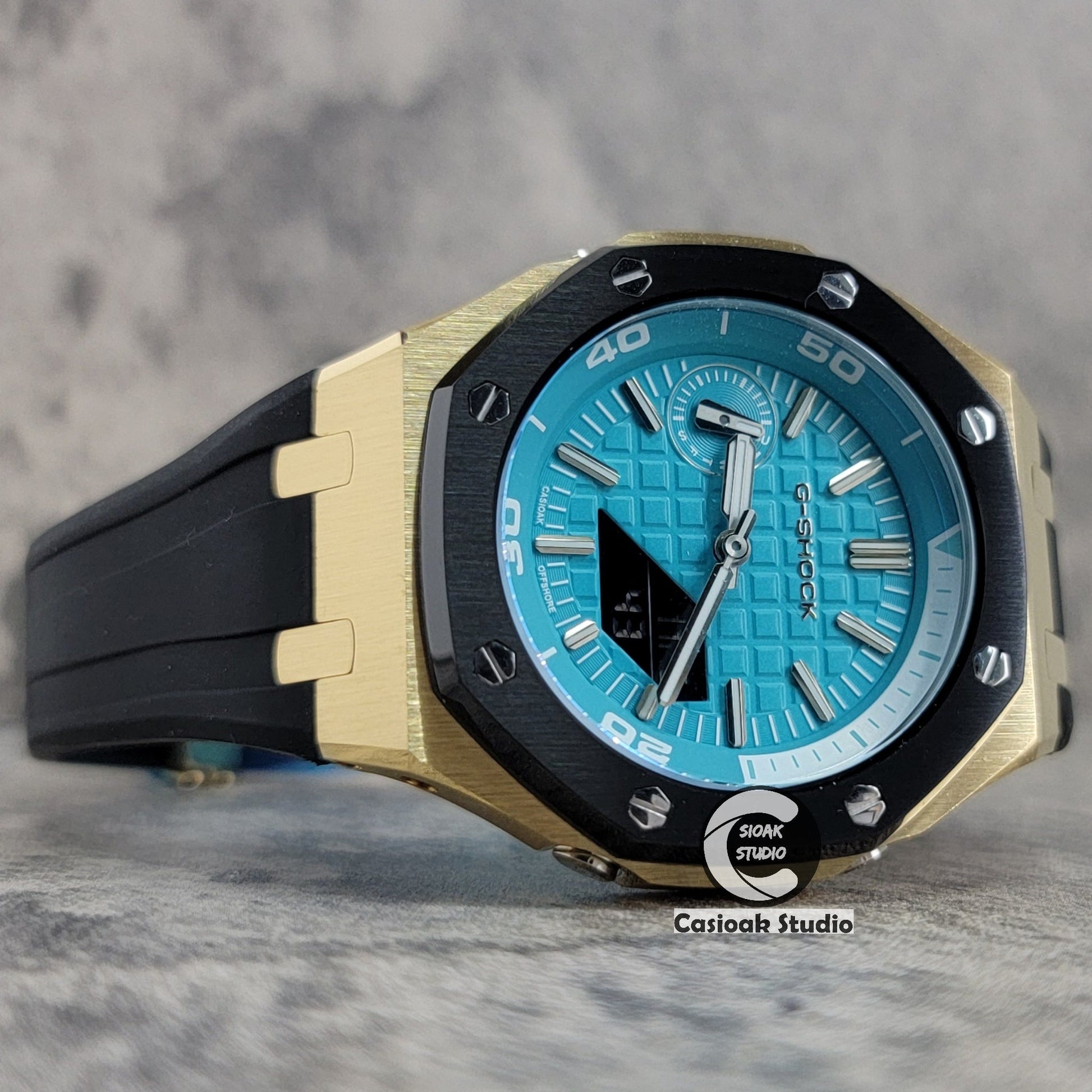 Casioak Mod Watch New Gold Black Case Black Rubber Strap Silver Time Mark Tiffany Blue Dial 44mm Sapphire Glass - Casioak Studio