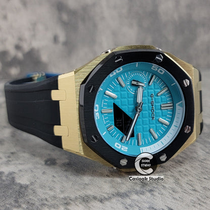 Casioak Mod Watch New Gold Black Case Black Rubber Strap Silver Time Mark Tiffany Blue Dial 44mm Sapphire Glass - Casioak Studio