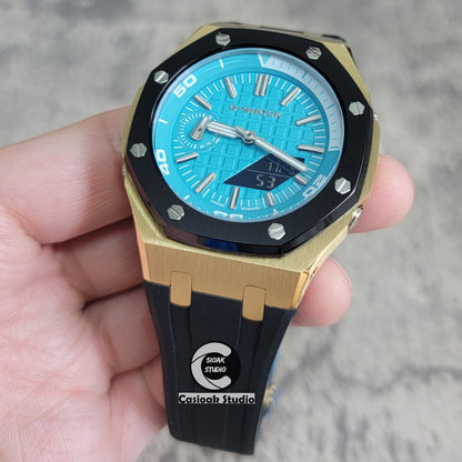 Casioak Mod Watch New Gold Black Case Black Rubber Strap Silver Time Mark Tiffany Blue Dial 44mm Sapphire Glass - Casioak Studio