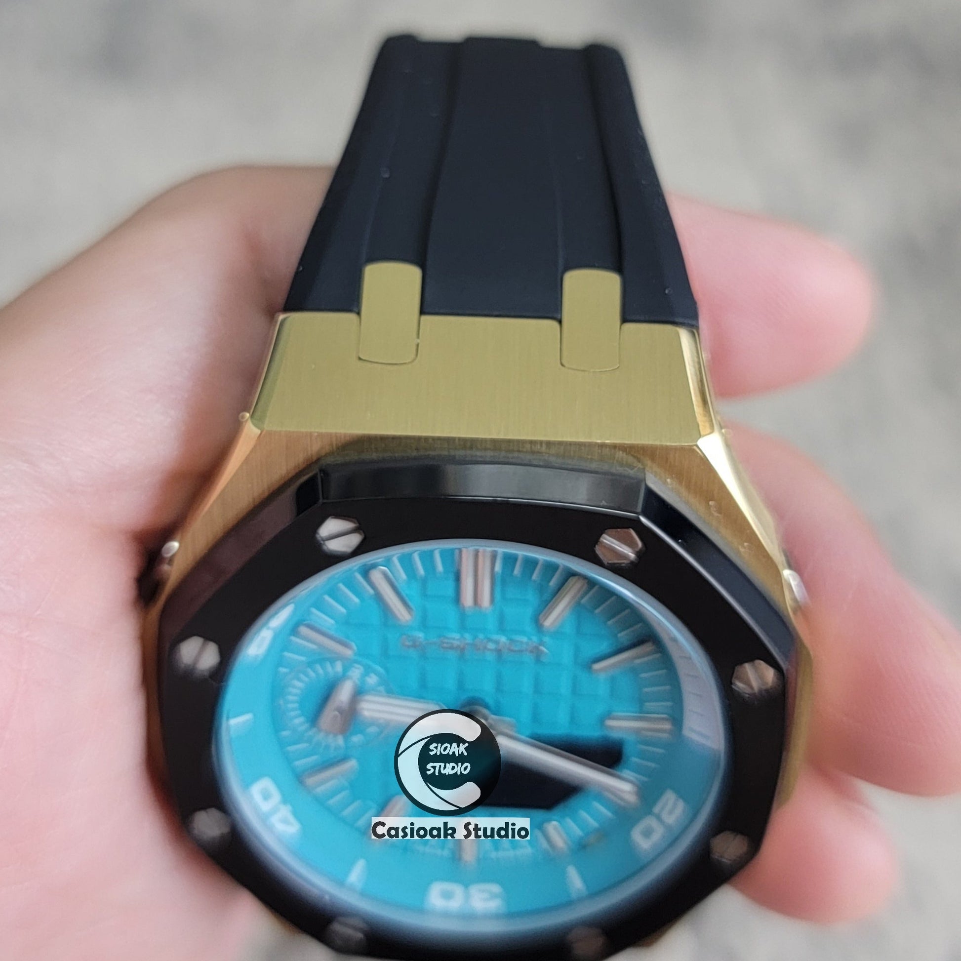 Casioak Mod Watch New Gold Black Case Black Rubber Strap Silver Time Mark Tiffany Blue Dial 44mm Sapphire Glass - Casioak Studio