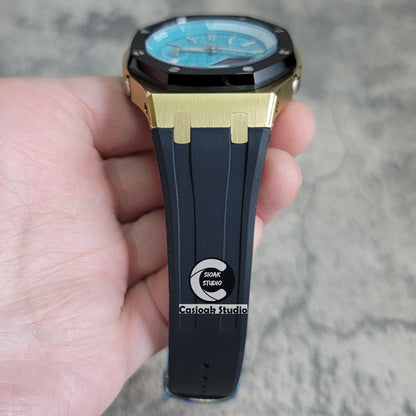 Casioak Mod Watch New Gold Black Case Black Rubber Strap Silver Time Mark Tiffany Blue Dial 44mm Sapphire Glass - Casioak Studio