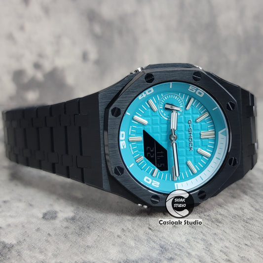 Casioak Mod Watch NEW Black Case Metal Strap Tiffany Silver Time Mark Tiffany Blue Dial 44mm Sapphire Glass