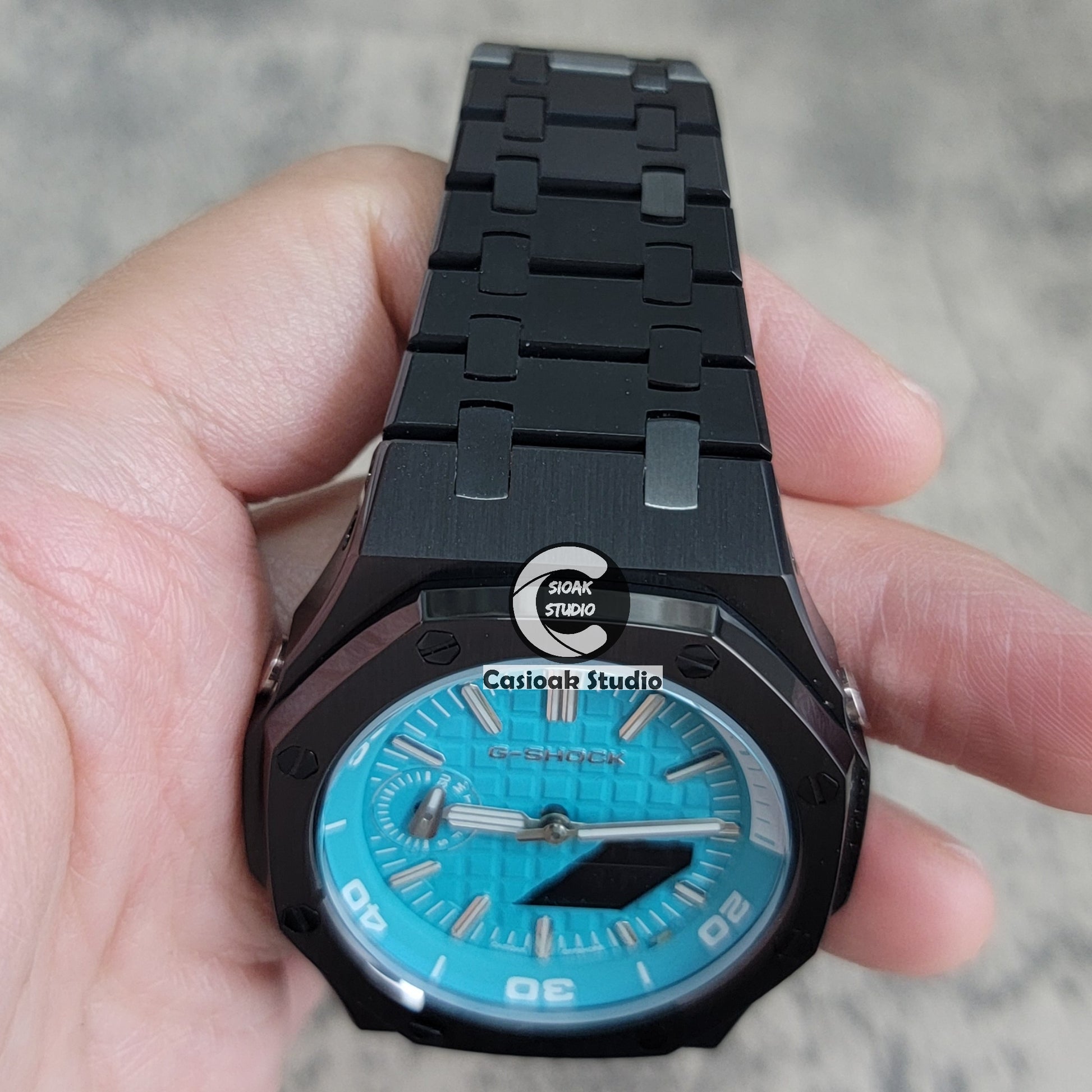Casioak Mod Watch NEW Black Case Metal Strap Tiffany Silver Time Mark Tiffany Blue Dial 44mm Sapphire Glass - Casioak Studio