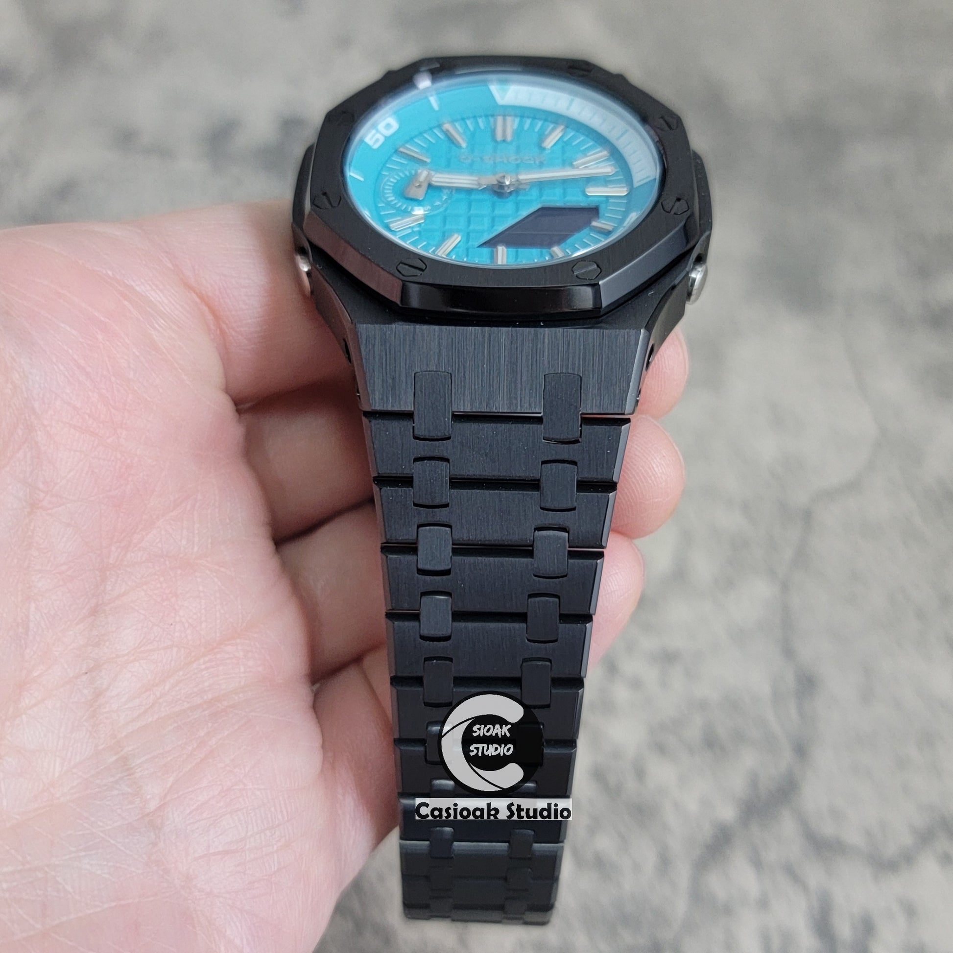 Casioak Mod Watch NEW Black Case Metal Strap Tiffany Silver Time Mark Tiffany Blue Dial 44mm Sapphire Glass - Casioak Studio