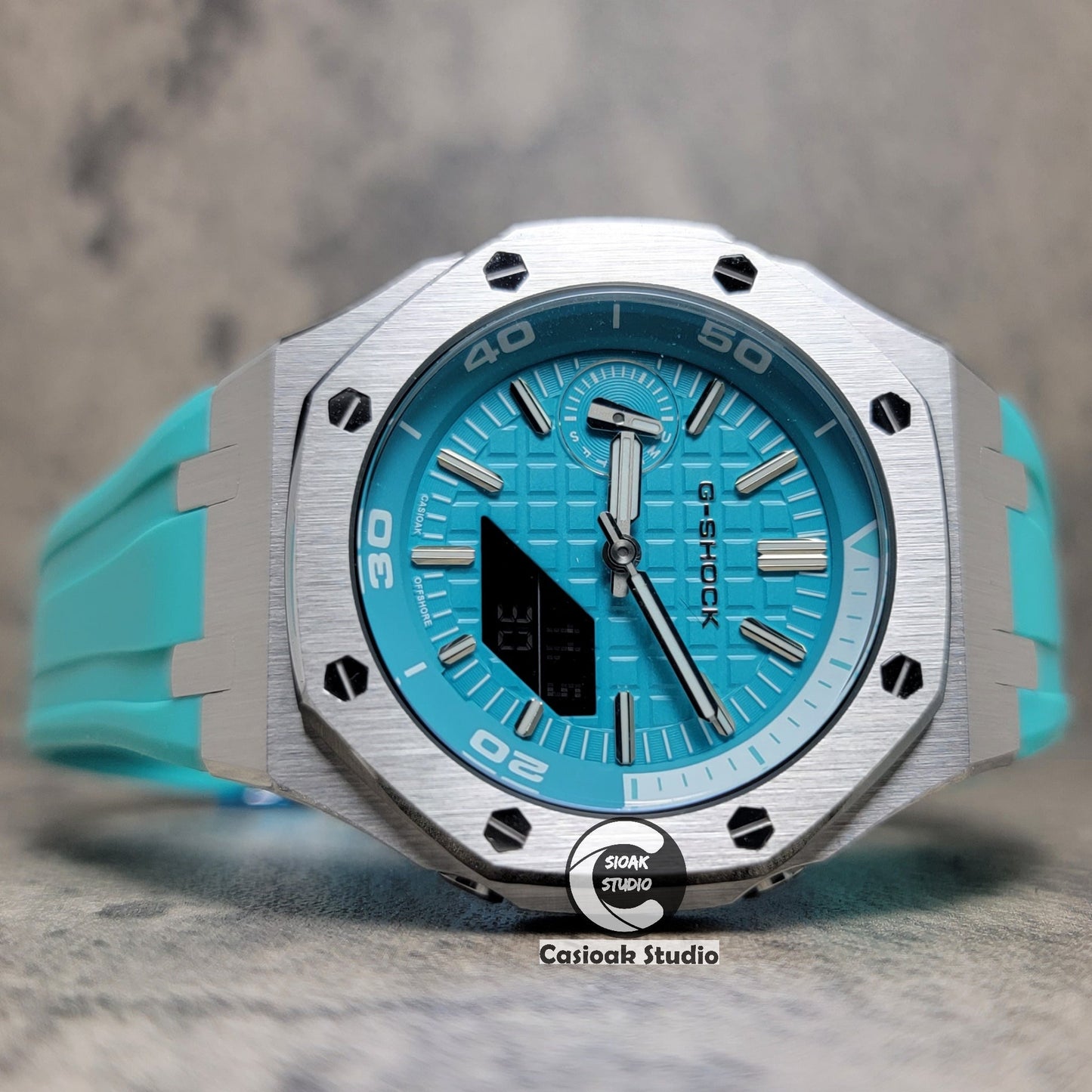 Casioak Mod Watch New Silver Case Tiffany Rubber Strap Silver Time Mark Tiffany Blue Dial 44mm Sapphire Glass - Casioak Studio