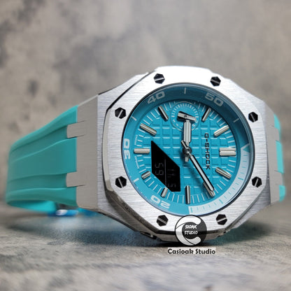 Casioak Mod Watch New Silver Case Tiffany Rubber Strap Silver Time Mark Tiffany Blue Dial 44mm Sapphire Glass - Casioak Studio