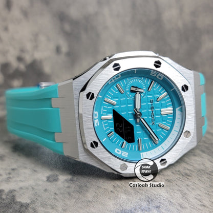 Casioak Mod Watch New Silver Case Tiffany Rubber Strap Silver Time Mark Tiffany Blue Dial 44mm Sapphire Glass - Casioak Studio