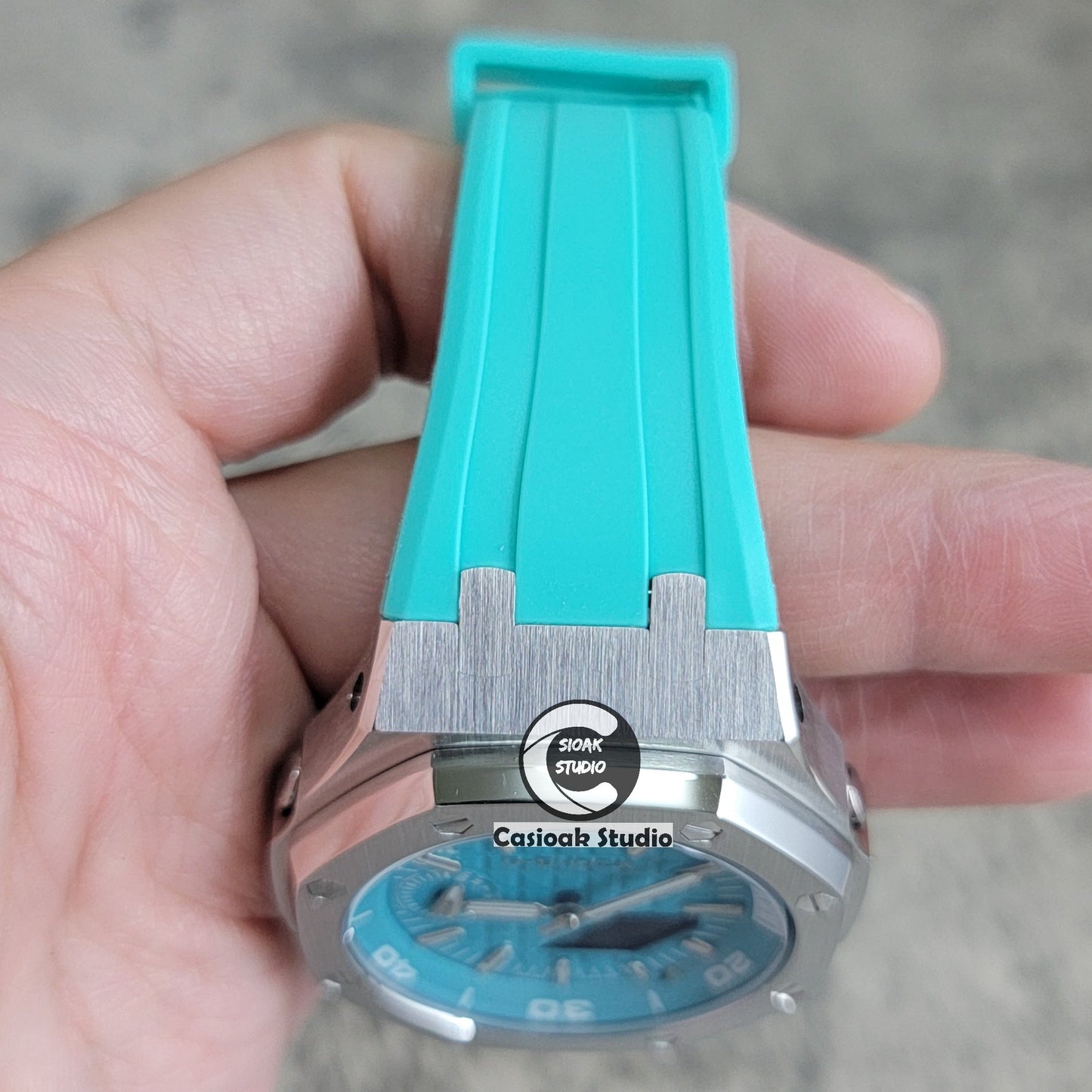 Casioak Mod Watch New Silver Case Tiffany Rubber Strap Silver Time Mark Tiffany Blue Dial 44mm Sapphire Glass - Casioak Studio