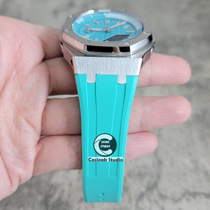 Casioak Mod Watch New Silver Case Tiffany Rubber Strap Silver Time Mark Tiffany Blue Dial 44mm Sapphire Glass - Casioak Studio