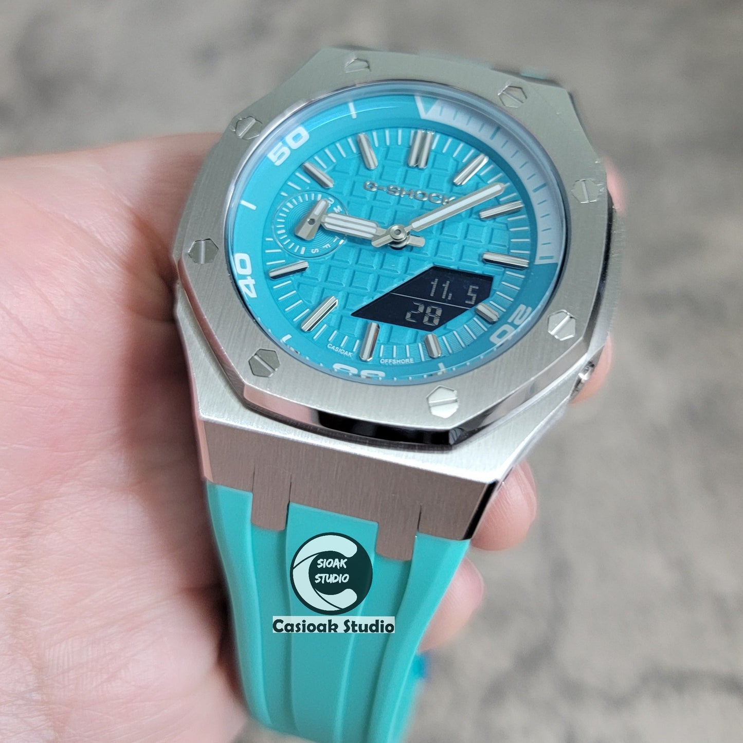 Casioak Mod Watch New Silver Case Tiffany Rubber Strap Silver Time Mark Tiffany Blue Dial 44mm Sapphire Glass - Casioak Studio