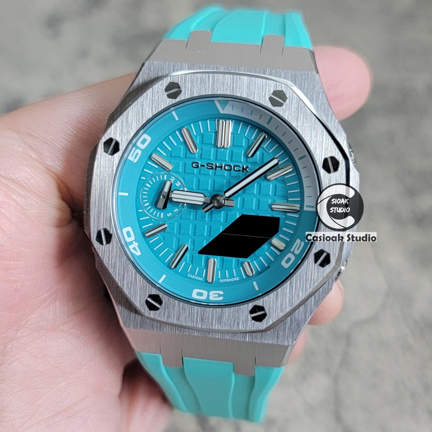 Casioak Mod Watch New Silver Case Tiffany Rubber Strap Silver Time Mark Tiffany Blue Dial 44mm Sapphire Glass - Casioak Studio