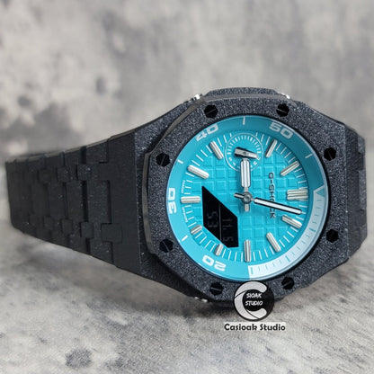 Casioak Mod Watch NEW Frosted Black Case Metal Strap Tiffany Silver Time Mark Tiffany Blue Dial 44mm Sapphire Glass - Casioak Studio