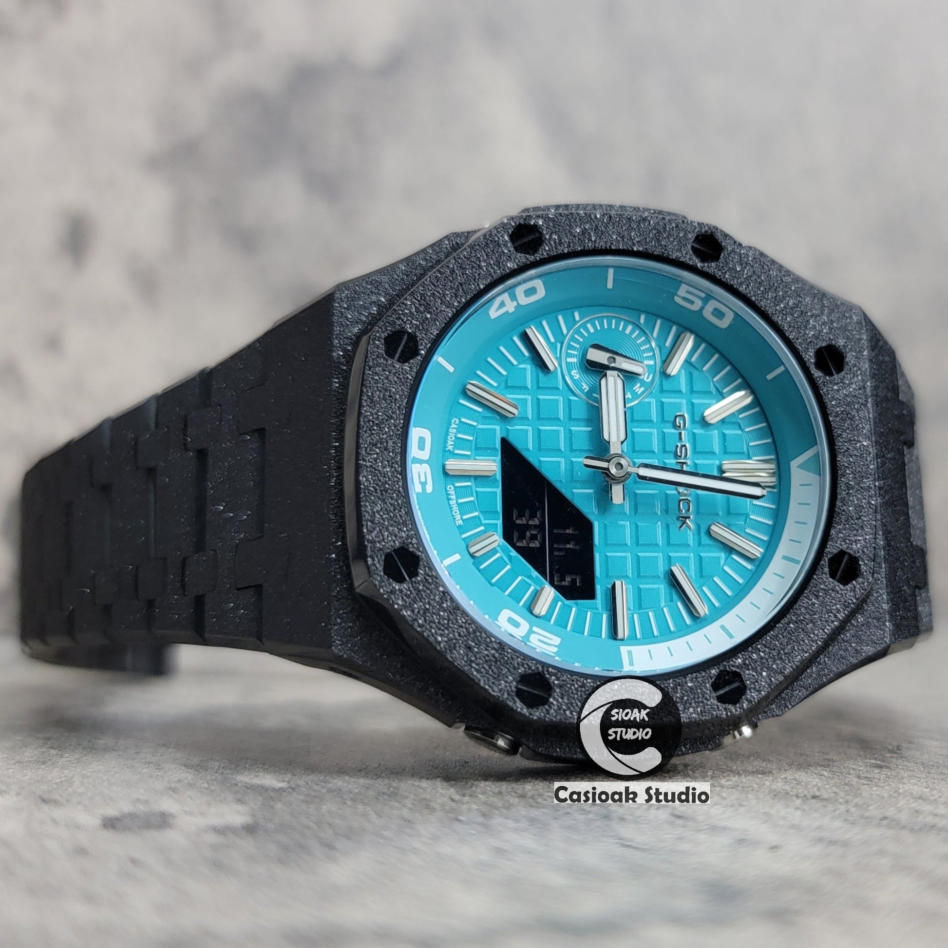 Casioak Mod Watch NEW Frosted Black Case Metal Strap Tiffany Silver Time Mark Tiffany Blue Dial 44mm Sapphire Glass - Casioak Studio