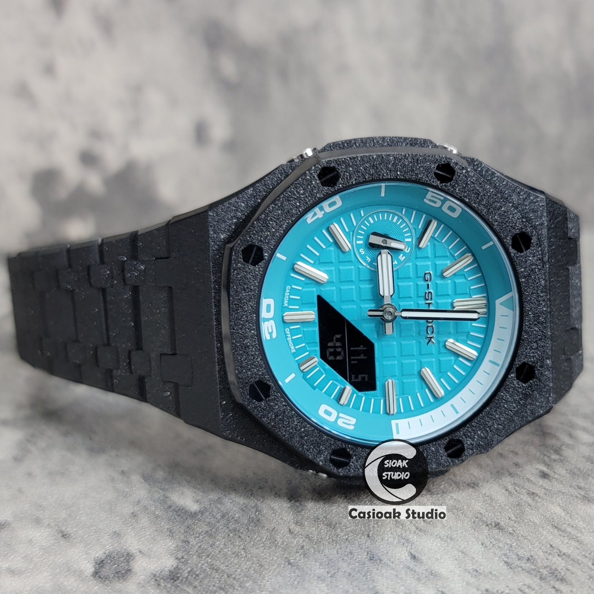 Casioak Mod Watch NEW Frosted Black Case Metal Strap Tiffany Silver Time Mark Tiffany Blue Dial 44mm Sapphire Glass - Casioak Studio